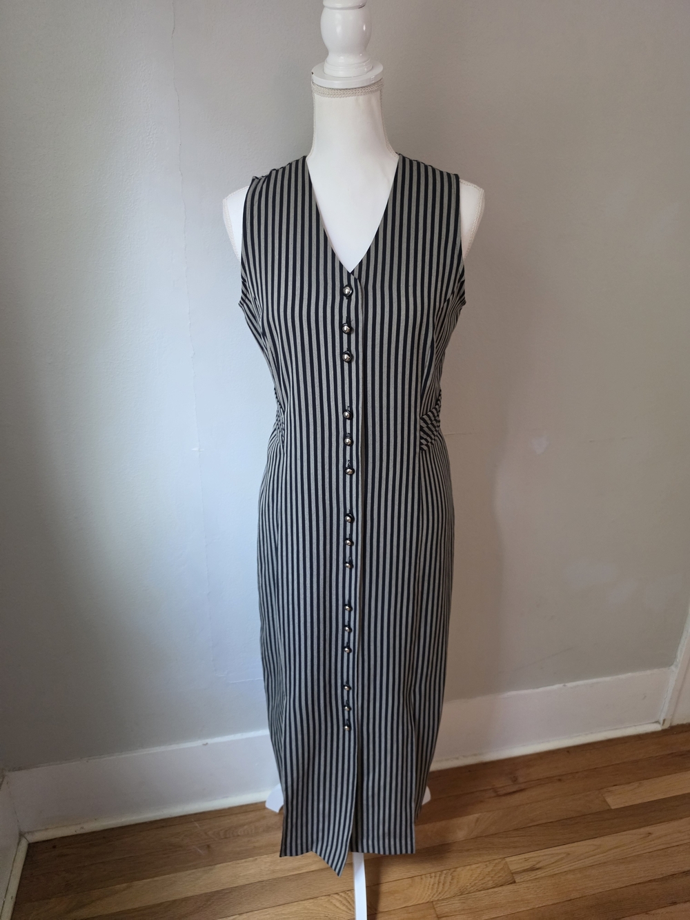 Vintage Miss Dorby Sleeveless Vertical-Stripe Midi Dress with Button Front
